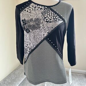 Alfred Dunner Petite Patchwork Stripe Embellished Top PS 3/4 Sleeve Cotton